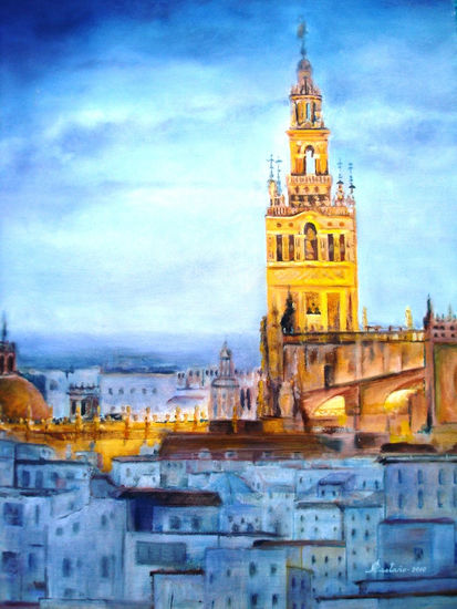 La Catedral y La Giralda de Sevilla, (España) Óleo Tabla Paisaje