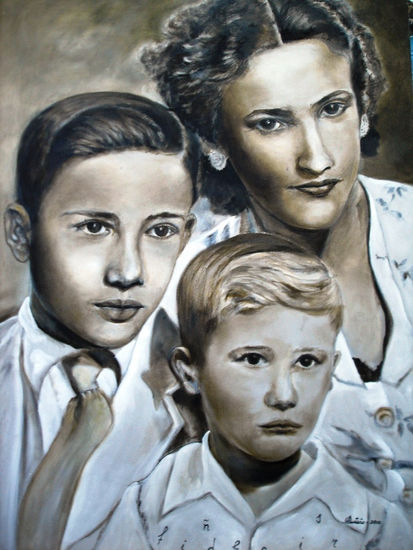 Mi madre, mi hermano y yó. Oil Panel Portrait