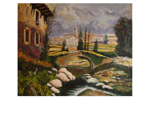 Casas y río Acrylic Canvas Landscaping