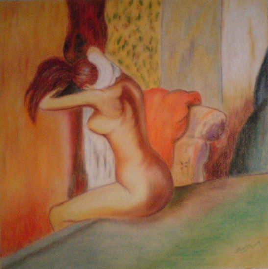 DESPUES DEL BAÑO. Pastel Paper Figure Painting