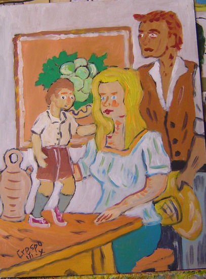 Familia de cortijeros ,óleo madera 30x40 cm. de Crespo Oil Panel Landscaping