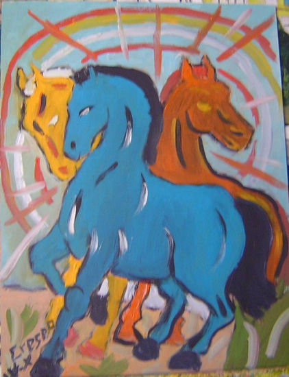 Caballos de colores ,óleo sobre madera 30x40 cm. de Crespo Oil Canvas Figure Painting