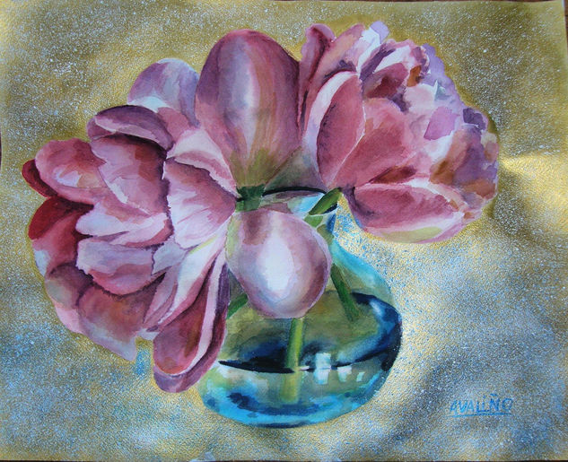 Tulipanes en jarrón azul Watercolour Paper Floral Painting