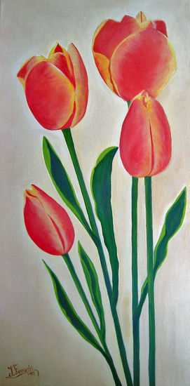 Tulipanes anaranjados Oil Textile Floral Painting