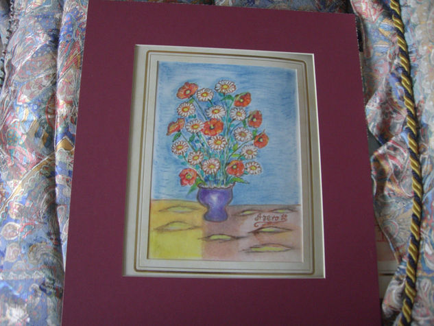 Maceta azul con amapolas 