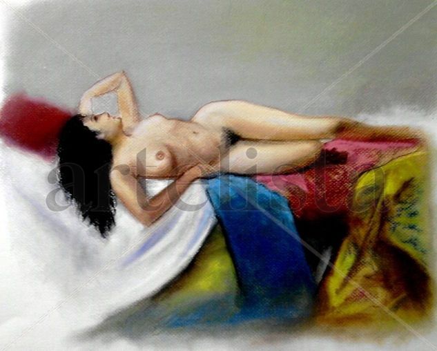 1er boceto mujer desnuda tumbada sobre telas Pastel Papel Desnudos