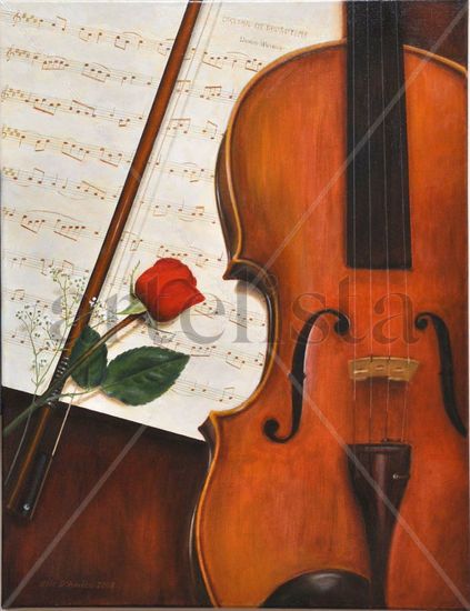 Violin con rosa roja. Óleo Lienzo Bodegones