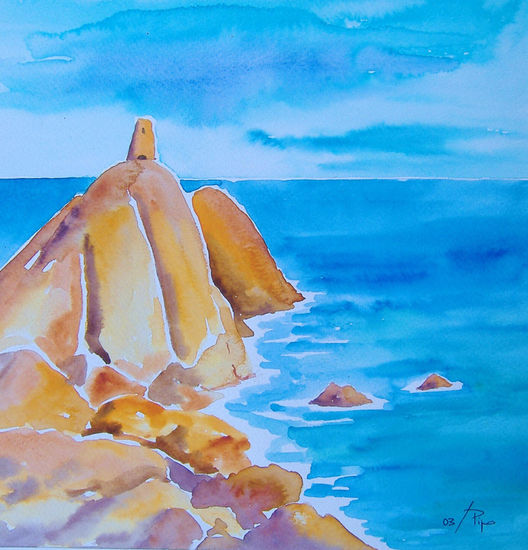 torre sobre el mar Acuarela Papel Paisaje