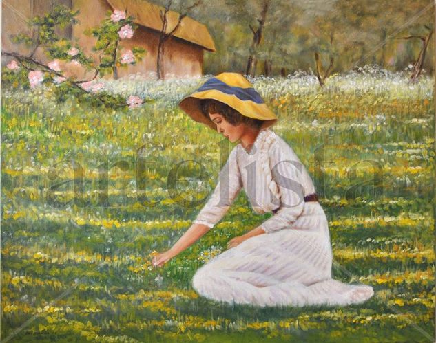 Niña con sombrero amarillo Oil Canvas Figure Painting