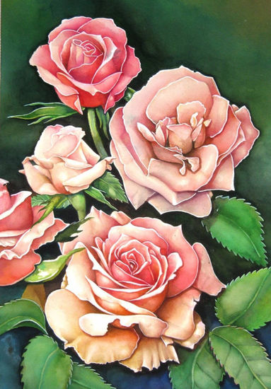 Rosas Flamingo Acuarela Papel Floral