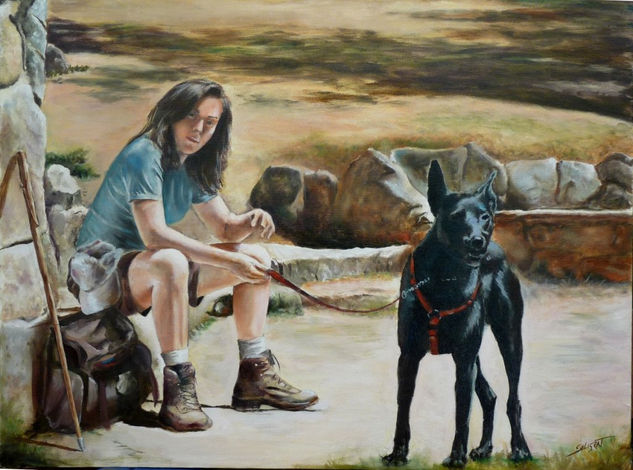 camino de santiago con mi perro Oil Canvas Figure Painting