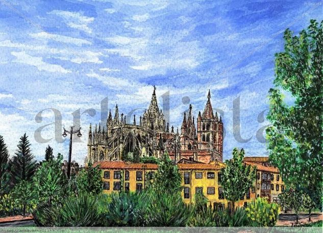 Vista de la Catedral de León Acuarela Papel Paisaje