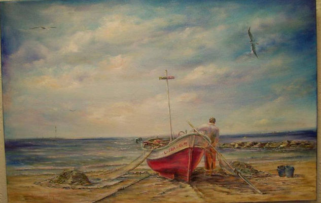 Pescadores de Zapillo.Almeria Oil Canvas Marine Painting