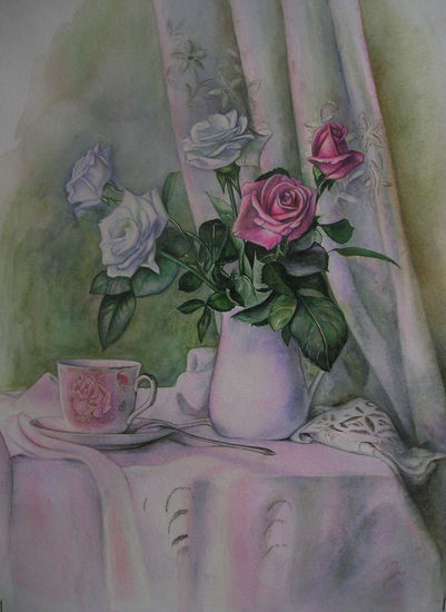 Desayuno con rosas Watercolour Paper Still Life Paintings