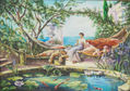 A girl by the pool with fish.