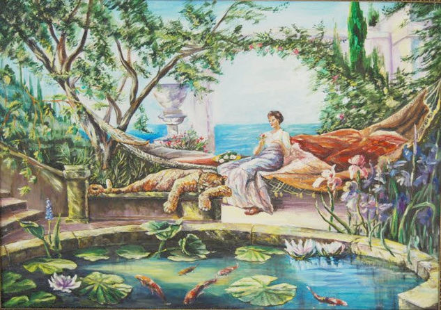 A girl by the pool with fish. Oil Canvas Landscaping