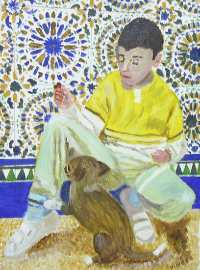 Niño jugando con perrito Oil Canvas