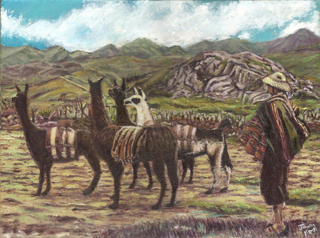 Campesino con llamas Oil Canvas Landscaping