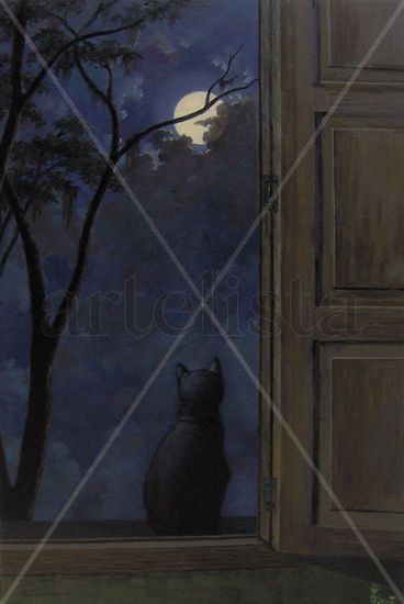 FELINO ANTE LUNA LLENA Óleo Lienzo Paisaje