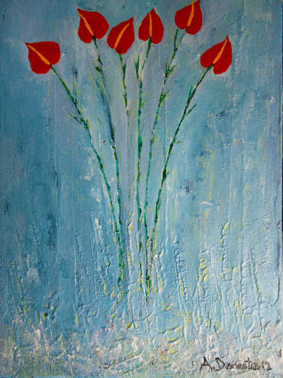 Anturios sobre fondo azul Acrylic Canvas Floral Painting