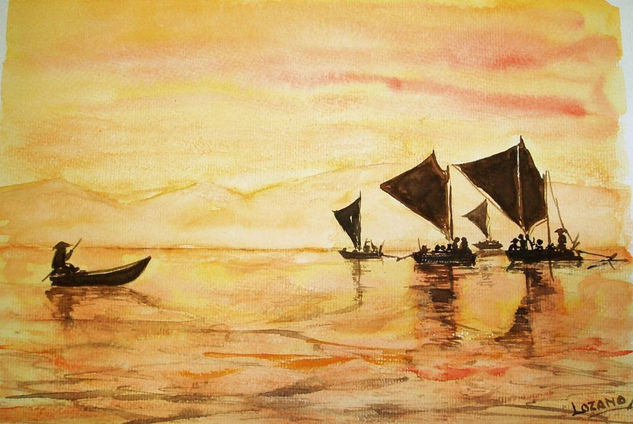 En aguas orientales. Watercolour Paper Marine Painting