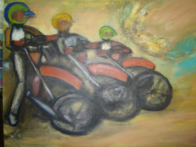 Três motardes, 80x60cm, acrilico s. tela. 800€.