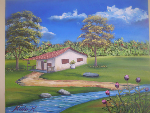 Paisaje de casa y rio Oil Canvas Landscaping