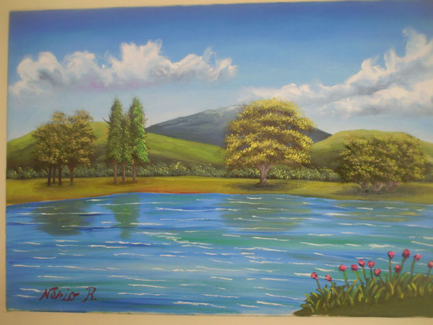 Lago, montañas y arboles Oil Canvas Landscaping