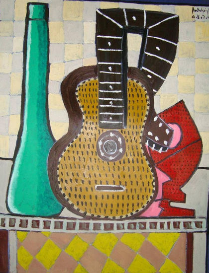 guitarra y botella Oil Canvas Landscaping