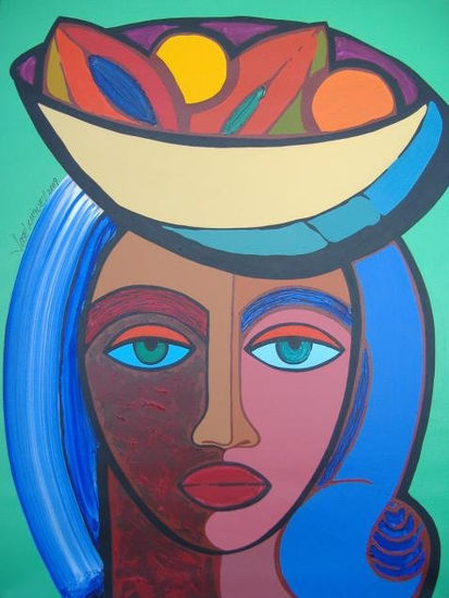 Cabeza de mujer portando frutas Acrylic Canvas Figure Painting