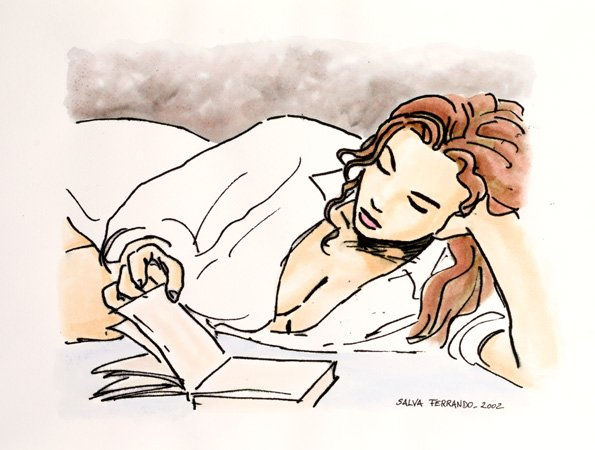 Leyendo en la cama Watercolour Paper Figure Painting