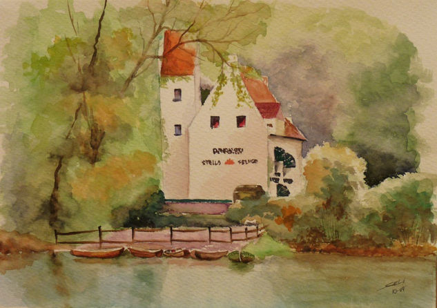 PAISAJE CASITA CON LAGO Watercolour Paper Landscaping