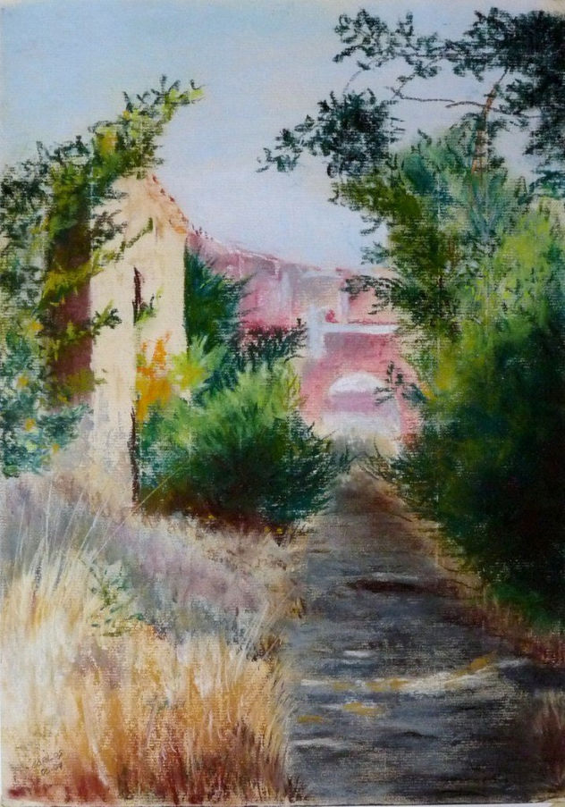 PAISAJE CON SENDERO Y CASITA AL PASTEL