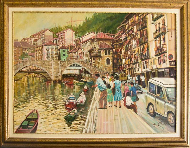 Ondarroa. Puente Viejo (Bizkaia) Oil Canvas Landscaping