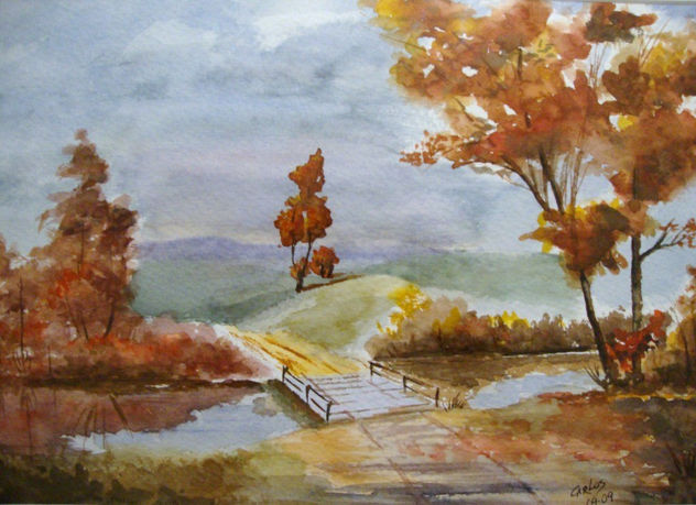 PAISAJE OTOÑAL CON PUENTE Y RÍO, ACUARELA