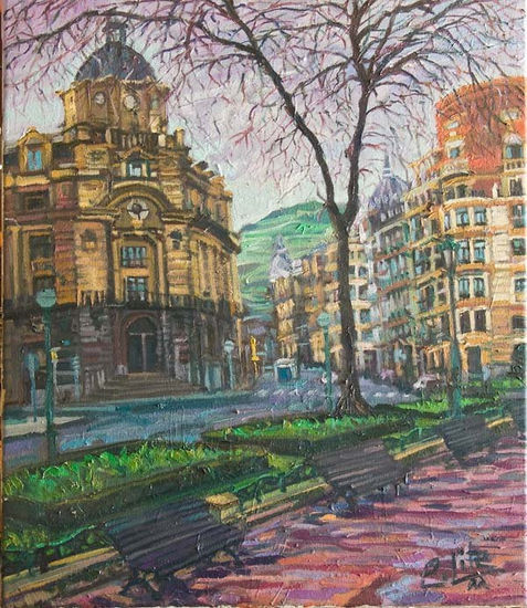 El atardecer en Mazarredo. (Bilbao) Oil Canvas Landscaping