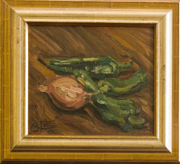 Bodegón pimientos verdes Oil Panel Still Life Paintings