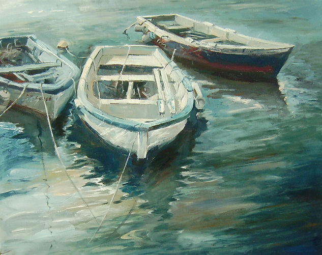 Barques de pesca Media Mixta Lienzo Marina