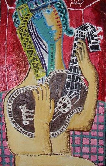 guitarrista con fondo rojo y piso rosa