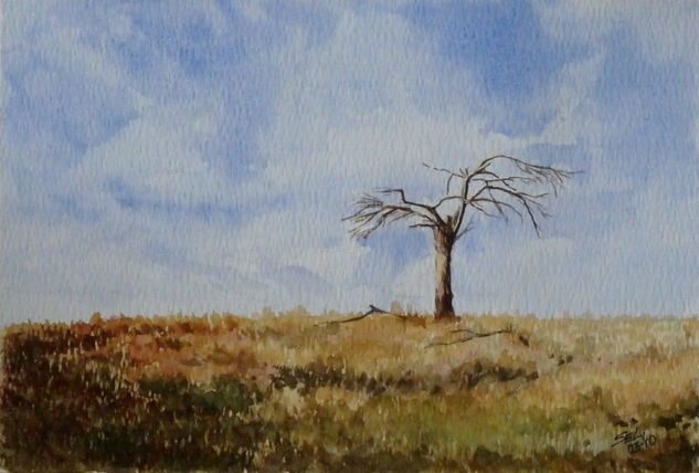 PAISAJE CON ARBOL SECO EN LLANURA Watercolour Paper Landscaping