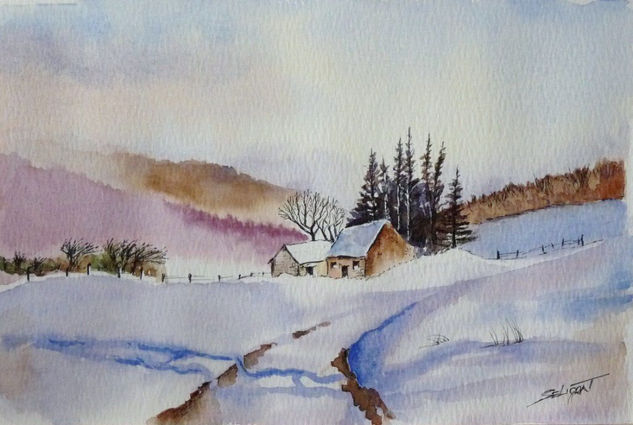 PAISAJE DE NIEVE CON CASITA Watercolour Paper Landscaping