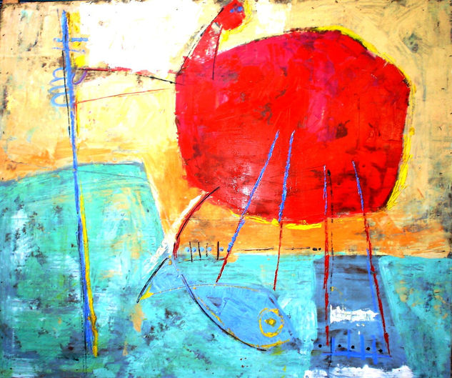 "PESCADOR EN ROJO" Óleo Tabla Figura