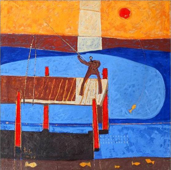 "PESCANDO SOLO" Óleo Lienzo Paisaje