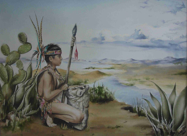 Niño Indigena Méxicano Acuarela Papel Paisaje