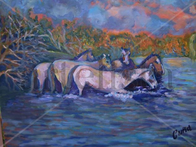 caballos en la creciente Oil Canvas Landscaping