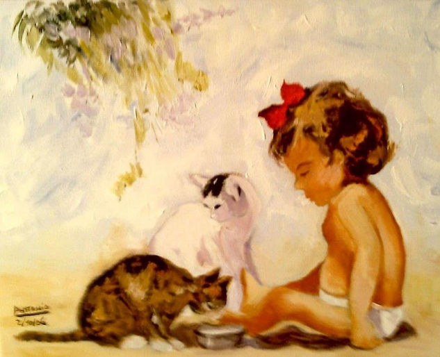 niña con gatos Oil Canvas Figure Painting