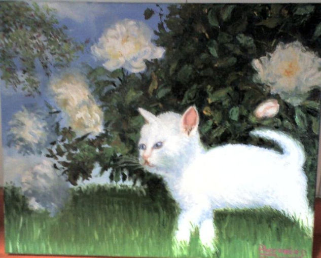 gato blanco Óleo Lienzo Floral