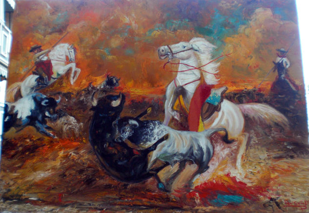 caballosy toros Oil Canvas Animals