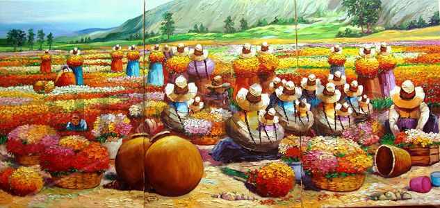 triptico pañadoras de flores Oil Canvas Landscaping