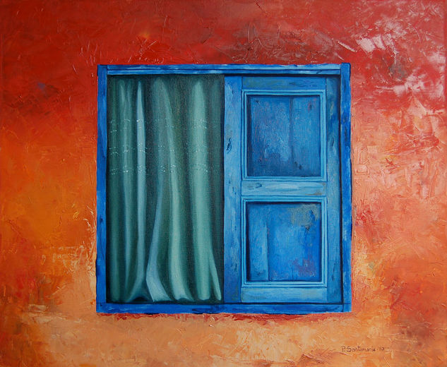 Ventana Azul con Visillo Óleo Lienzo Otros